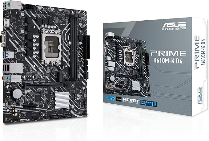 ASUS Prime H610M-K D4, LGA 1700, mATX Gaming Motherboard, DDR4, PCIe 4.0, M.2 slot, Realtek 1 Gb Ethernet, SATA 6 Gbps - Black